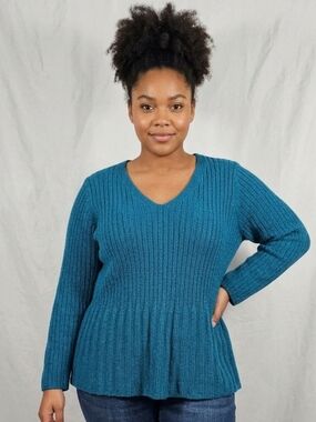 Avenue Teal Ribbed V-Neck Sweater #233